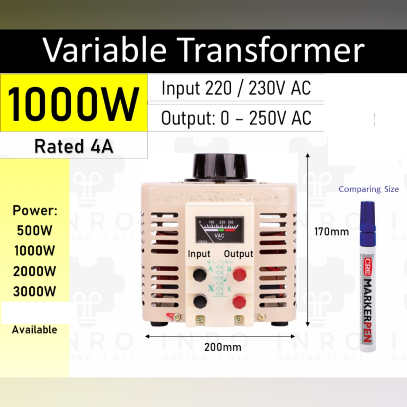1KVA regulator transformer single phase step up Adjustable voltage 0-250v 12A 1000W merubah 110v ke 220v stelan volt - Gambar 5